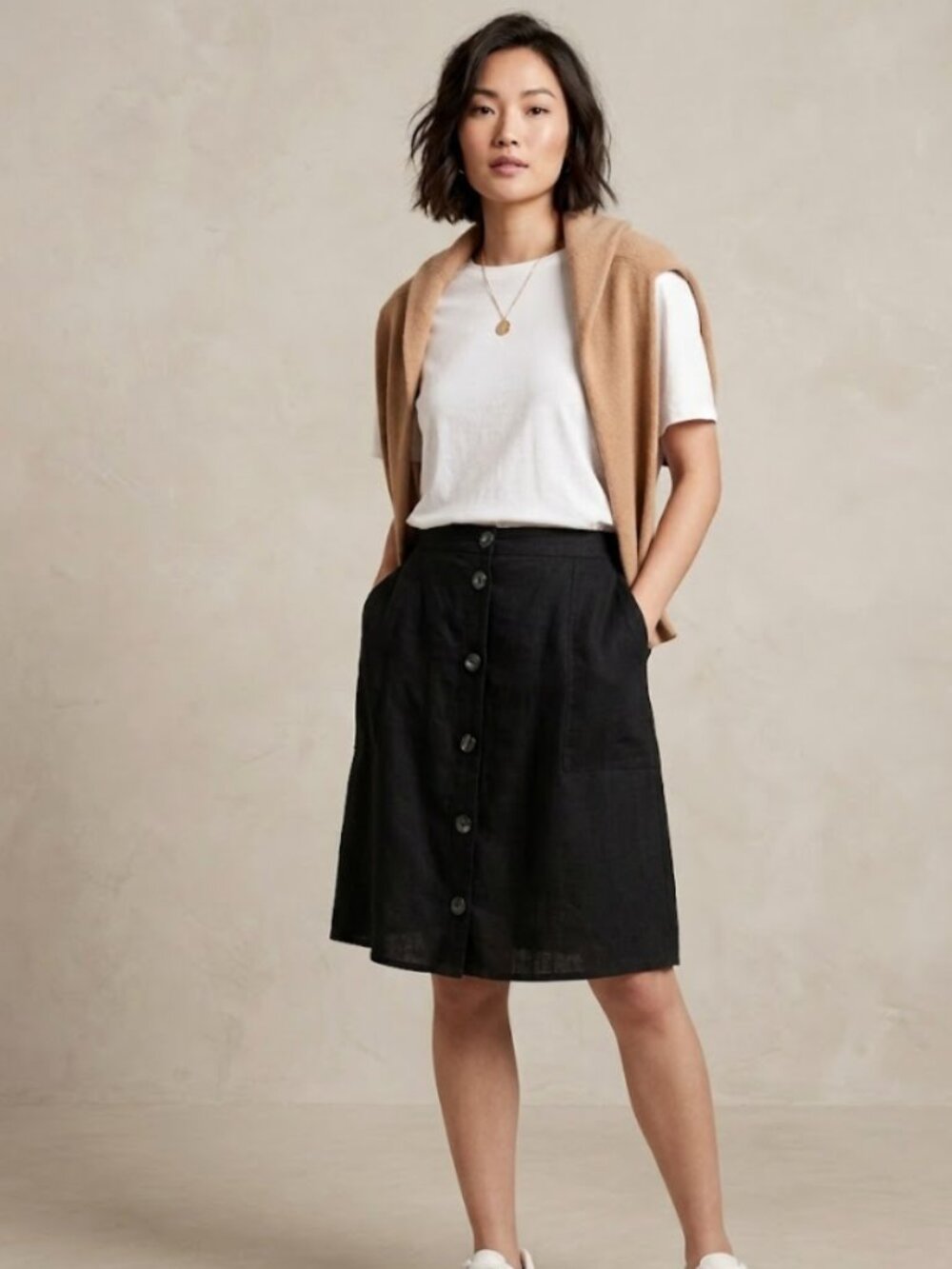 YEST Black Linen Blend Knee Length Skirt Buttons Pockets Size 12 Minimalist Chic